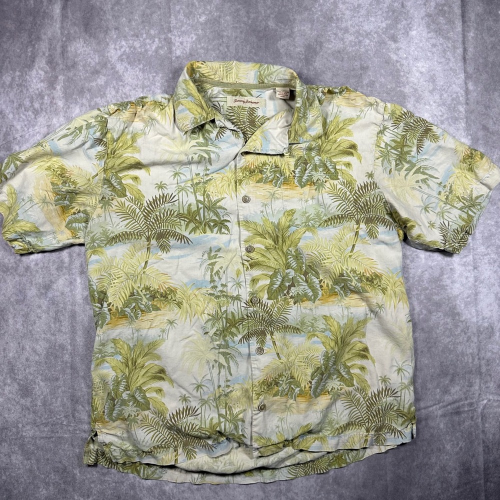 Tommy Bahama Mens Large 100% Silk Green Tropical Palm Tree Print Camp Shirt